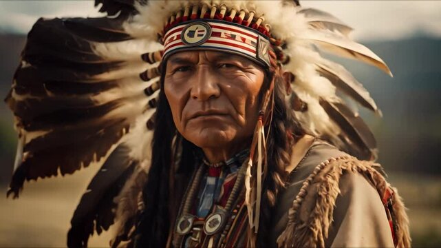 Chief in Blackfoot regalia adorned with feathers symbolizing Native American heritage. Concept Native American Heritage, Blackfoot Tribe, Regalia Photoshoot, Feathers Adornment, Traditional Attire