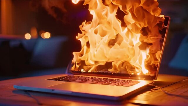 A laptop catching fire from a defective lithium battery leading to thermal runaway. Concept Laptop Safety, Lithium Batteries, Thermal Runaway, Fire Hazard, Electronics Maintenance
