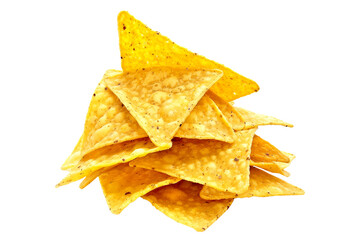 Fototapeta premium Crispy yellow corn tortilla chips isolated on white background, perfect for a Mexican fiesta or party