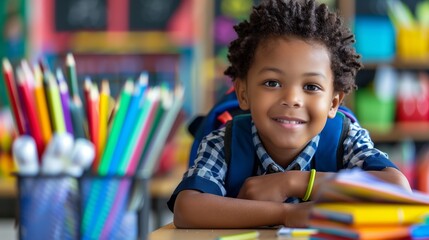 Cute African American school boys studing at elementary class with backpack, colorful pencil on desk