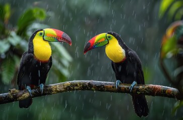 Fototapeta premium Two Colorful Toucans Perched on Branch in Rainforest