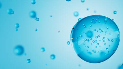 Macro of transparent drop of blue liquid with bubbles inside on blue backdrop. Skin care serum droplet. Cosmetics moisturizer fluid concept. 3d render illustration