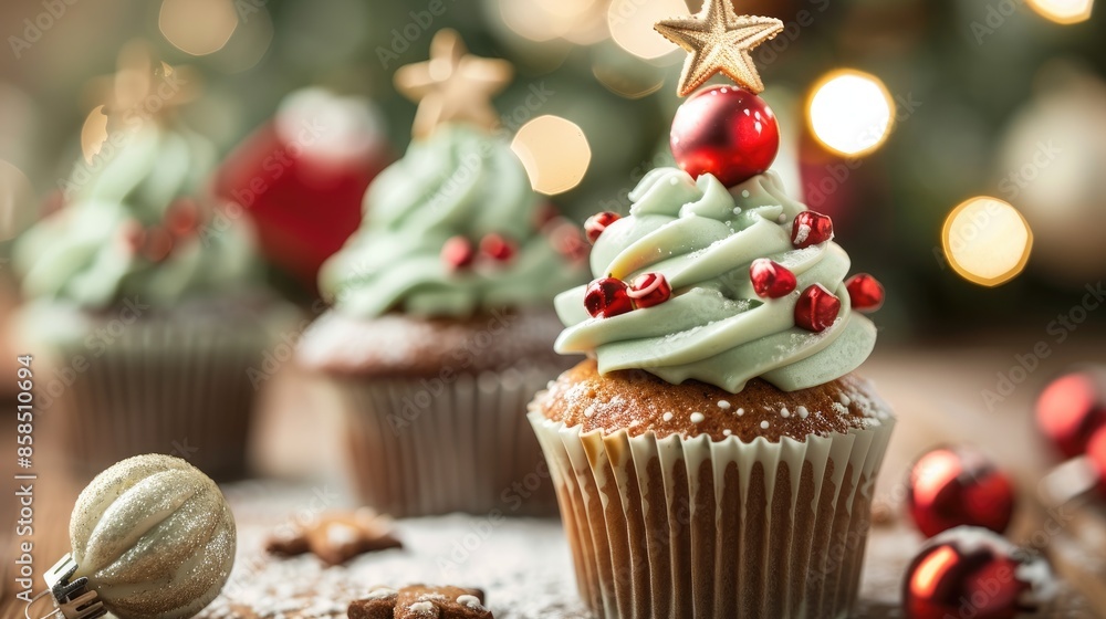 Wall mural Christmas themed cupcake decorations with selective focus