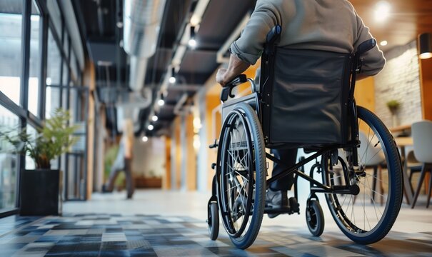 Close up disabled man is sitting in wheelchair in the working office. He holds hands on the wheel