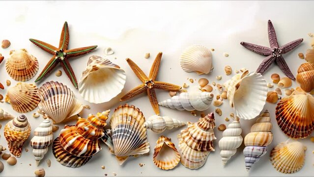 Seashells and starfish isolated on a white background in a panoramic view. Concept Seashells, Starfish, White Background, Panoramic View