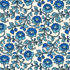 Indian Floral Seamless Vector Pattern, Vintage Oriental flowers Motif Print for Chintz fabric or Batik Indonesia Sarong, Arabesque Design for Blanket, Wallpaper, Rug, Textile, Clothing