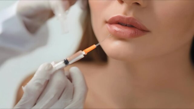 Woman getting lip injection from a nurse Ideal for medicalcosmetic projects. Concept Lip Augmentation, Cosmetic Procedures, Beauty Enhancement, Medical Aesthetics, Nurse-Patient Interaction