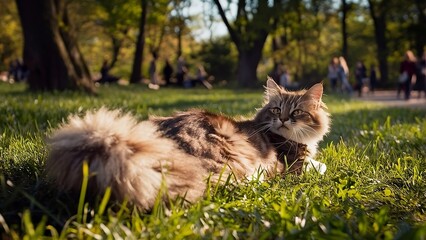 Obraz premium On the grass of a park. a cat