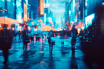 Futuristic city street at night with digital overlays and neon lights