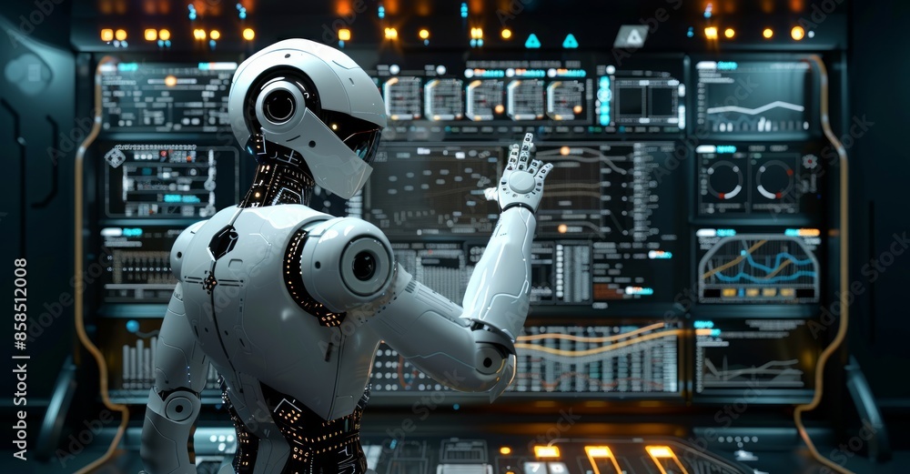 Poster futuristic robot interacting with a digital interface