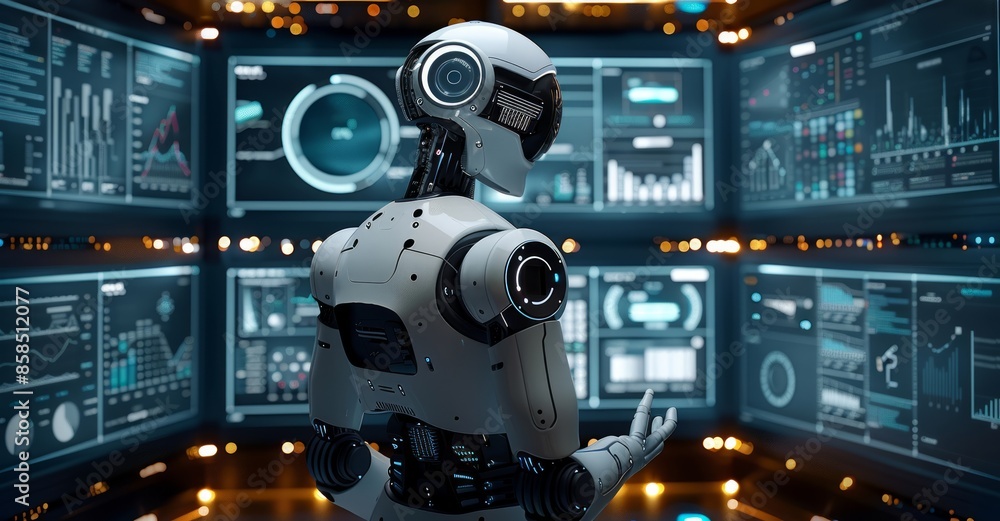 Poster a futuristic white robot analyzes data on multiple screens