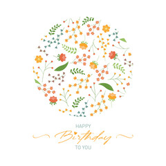 Birthday card with cup and flowers. Illustration on a white background