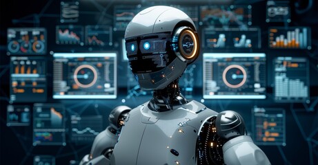 Fototapeta premium Robot with Digital Interface in a Data Center