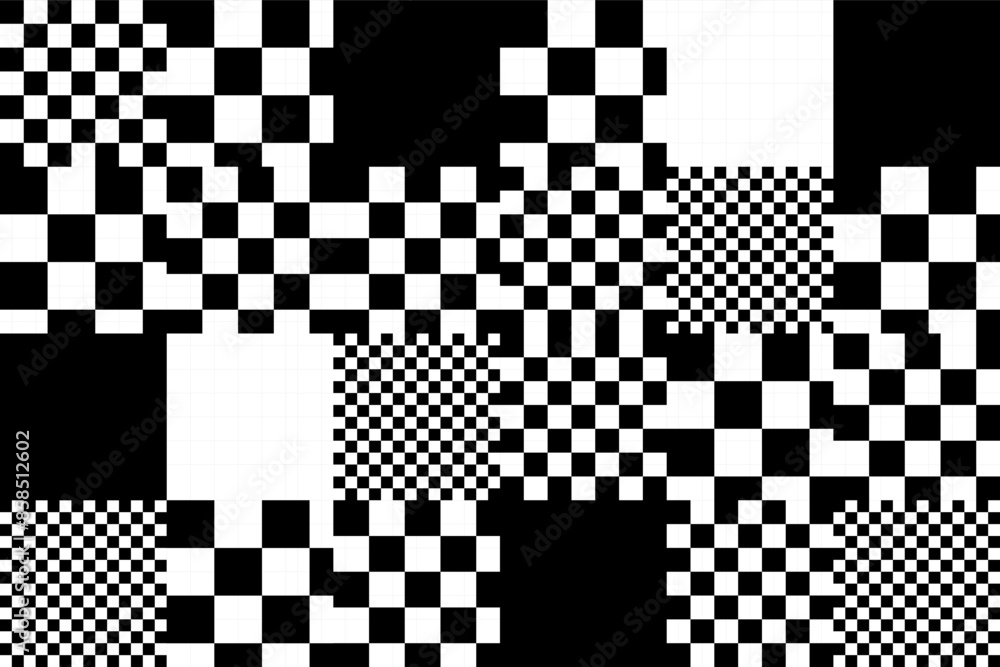 Poster glitch checkered pixels pattern. pixel art chaotic glitchy background. 90s cctv vhs screen vibe. vec