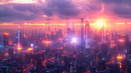 Fototapeta premium Futuristic Cityscape A sleek and futuristic cityscape, illuminated by neon lights, showcasing the hustle and bustle of Black Friday excitement and urban energy