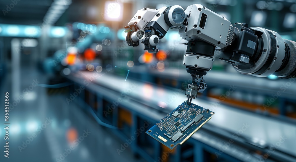 Poster robotic arm assembling a circuit board in a factory