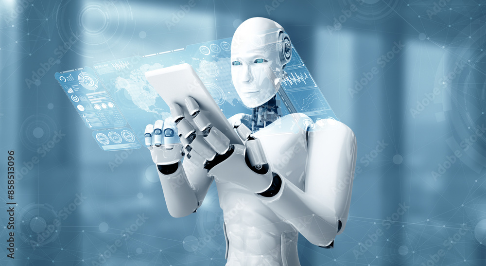 Poster mlp 3d illustration robot humanoid use mobile phone or tablet for big data analytic using ai thinkin