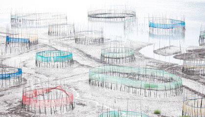  seaside view with round old  fishing nets at low tide