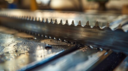 Close up of sharp teeth on band saw blade in woodworking factory