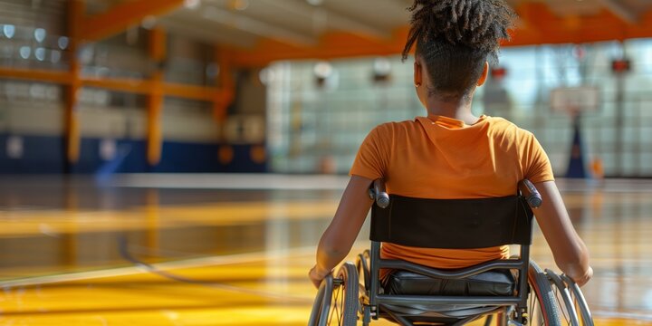 A dedicated athlete in a wheelchair is seen from behind, focused and ready for practice in a spacious, well-lit gymnasium. 