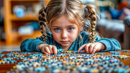 Little girl is playing with puzzle at table with bookcase in the background.