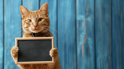 A ginger cat with striking green eyes holds a blank blackboard with its paws, standing in front of a blue wooden background. Copy space.