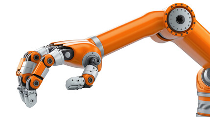 A detailed view of two interconnected orange robotic arms with various joints and manipulators, isolated on a black background. PNG file. Transparent background.