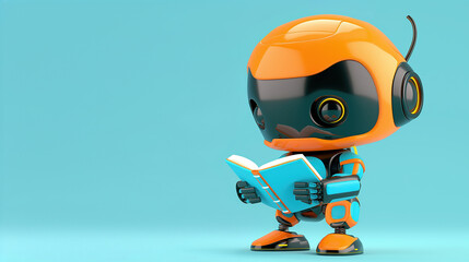 A whimsical orange robot reading a book, depicted with a humanoid form and large expressive eyes against a light blue background. Copy space.