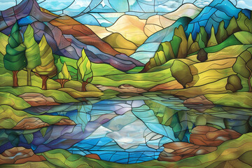 A stained glass window of a mountain landscape with a lake in the foreground