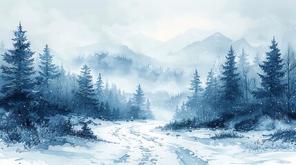 Snowy roads creating a border, blank space in the middle, peaceful winter journey, atmospheric handdrawn art, perfect for serene travel scenes