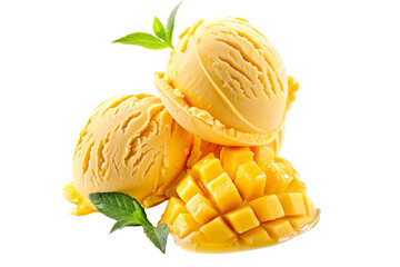Scoops of sweet and creamy Mango flavored ice cream isolated on white transparent background