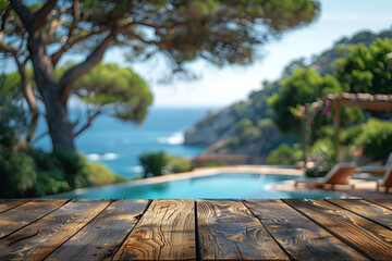 Wooden table top for product display presentation, a swimming pool and pine trees at mediterranean...