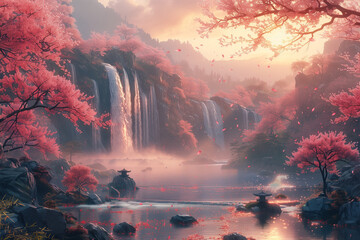 A japanese landscape with cherry blossom trees, japanese lanterns and a small waterfall