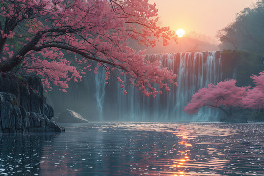 A japanese landscape with cherry blossom trees and a giant waterfall