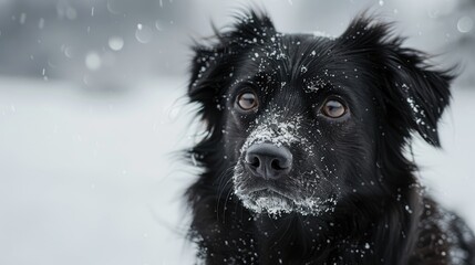 Black dog with snowy face during winter space for text in background