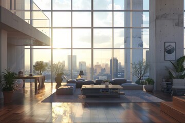 Zoom background: a modern penthouse living room with large windows, Generative AI