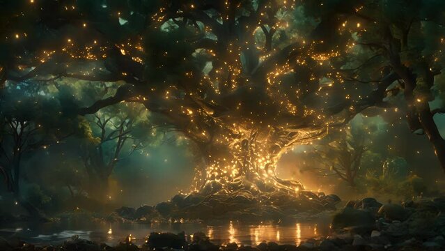 Within the sacred glade an ancient tree stands tall and proud its glowing runes casting an ethereal light that illuminates the shadows and draws seekers of magic to its roots.