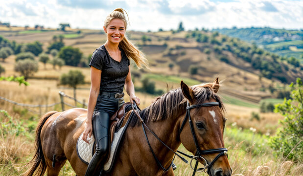 Woman riding on the back of brown horse on lush green field.