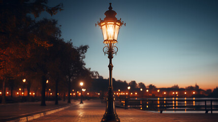 Illuminated street lamp at night, casting a warm glow on the empty road.