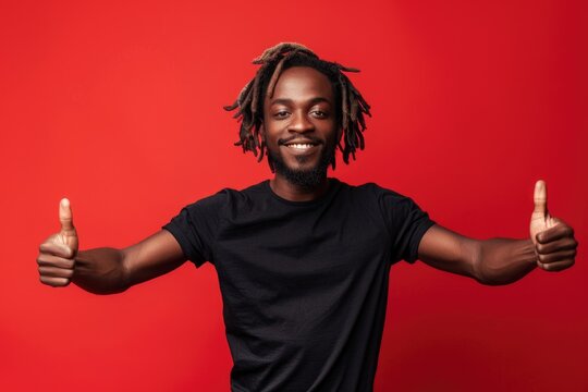 Happy young man with dreadlocks in black shirt poses.