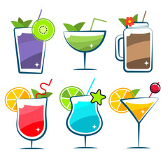 Cocktail glasses minimal vector thin line illustration. Six refreshing cocktails with ice cubes and lemons. Party in the club. Created for menu designs. Set of alcoholic drinks like Mojito or Martini