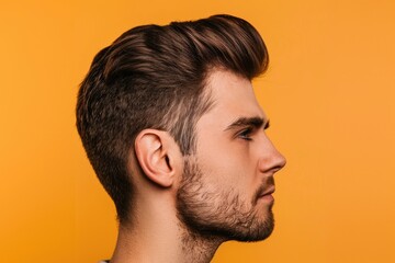 Fototapeta premium Close up portrait of serious stylish man on yellow background.