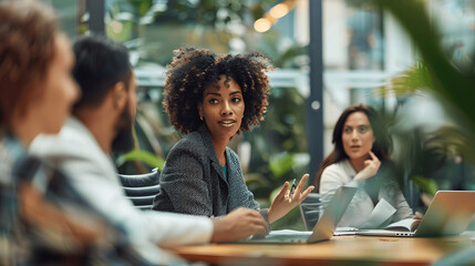 Obraz premium Businesswoman leading meeting with colleagues around conference table
