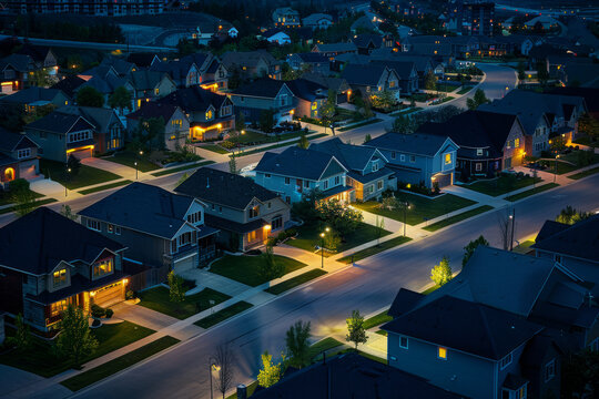 Aerial view of residential neighborhood at night with highlighting streets and homes illuminated by streetlights. Row of classic family houses facades at night in suburban area