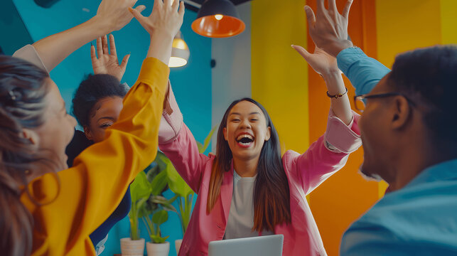 Multicultural team celebrating milestone achievement in colorful office