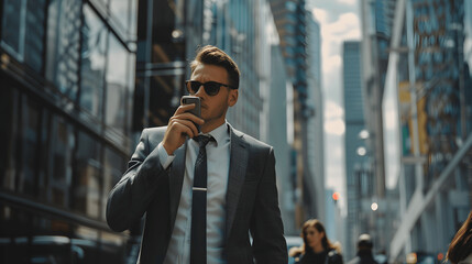Successful businessman talking on smartphone in financial district