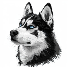 A black and white drawing of a siberian husky dog