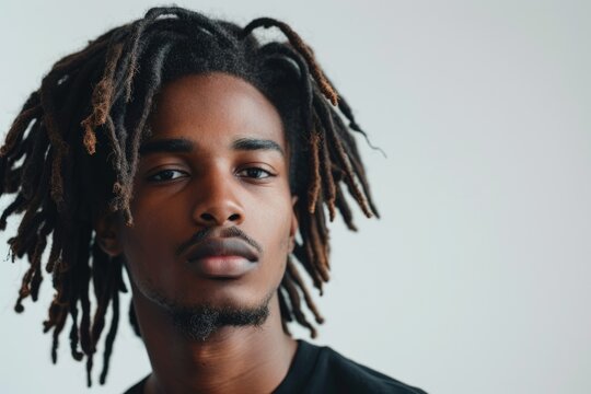 Handsome Afro American man with dreadlocks on white background.