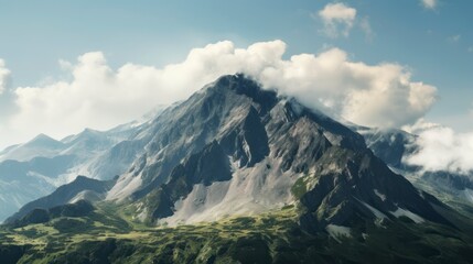 Mountain landscape with clouds and blue sky. Panoramic view
