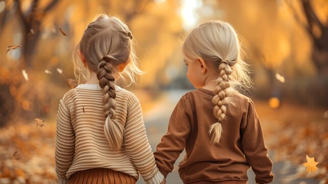 Two Little Girls Holding Hands in Autumn Park with Leaves Falling
